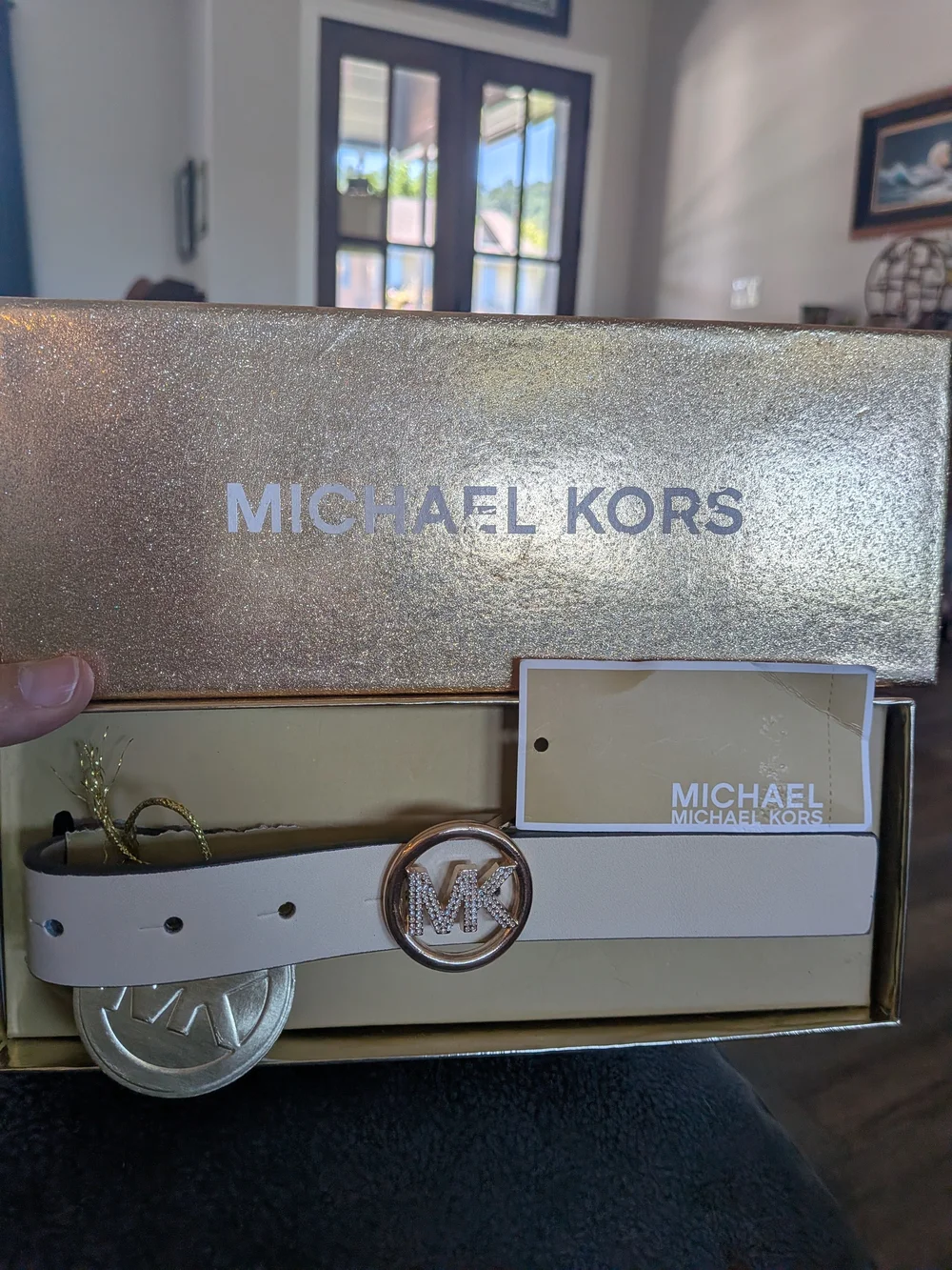 NIB Michael Kors Women's White Leather MK Logo Belt - Gold Buckle - Picture 1 of 12